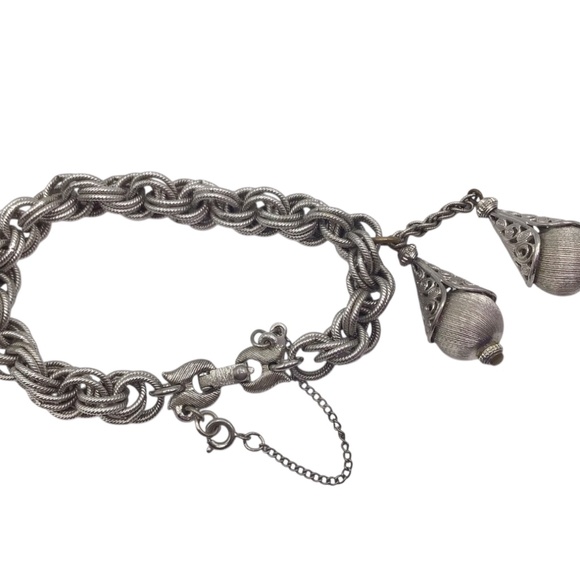 Vintage Monet Bolero Bracelet, Silver Tone Charm Bracelet, Dangling Textured Bal - Picture 2 of 12